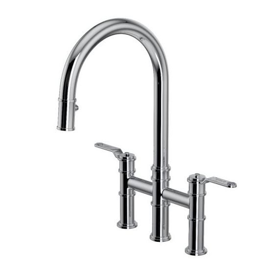 Perrin & Rowe Armstrong Bridge Mixer With Pull Down Rinse Textured Handles Aged Brass