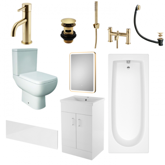 Status Series 600 Brushed Brass Complete Bathroom Suite Package With 1200mm Bath And 500mm Vanity Unit With Mirror