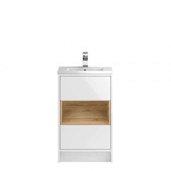 Hudson Reed Floor Standing 500mm Cabinet & Basin 2 Gloss White / Natural Oak CST885