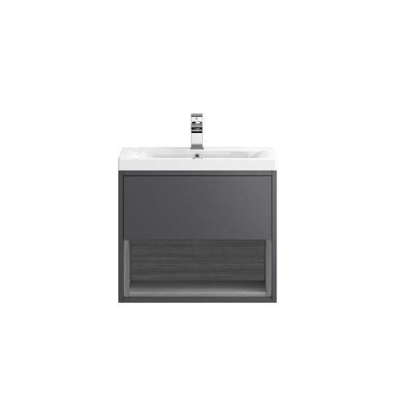 Hudson Reed Wall Hung 600mm Cabinet & Basin 3 Gloss Grey / Anthracite Woodgrain CST886D