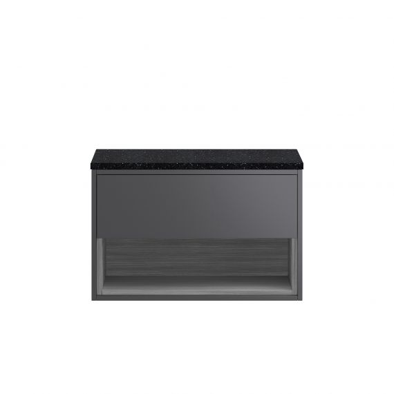 Hudson Reed Wall Hung 800mm Cabinet & Sparkling Black Worktop Gloss Grey / Anthracite Woodgrain CST888LSB
