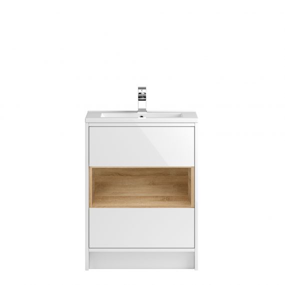 Hudson Reed Floor Standing 600mm Cabinet & Basin 2 Gloss White / Natural Oak CST976