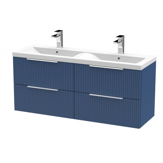 Hudson Reed 1200mm Wall Hung 4 Drawer Vanity & Double Basin Satin Blue DFF393F