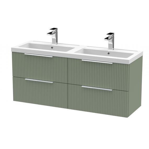 Hudson Reed 1200mm Wall Hung 4 Drawer Vanity & Double Basin Satin Green DFF893C