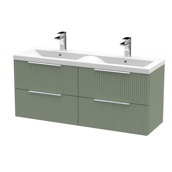 Hudson Reed 1200mm Wall Hung 4 Drawer Vanity & Double Basin Satin Green DFF893F