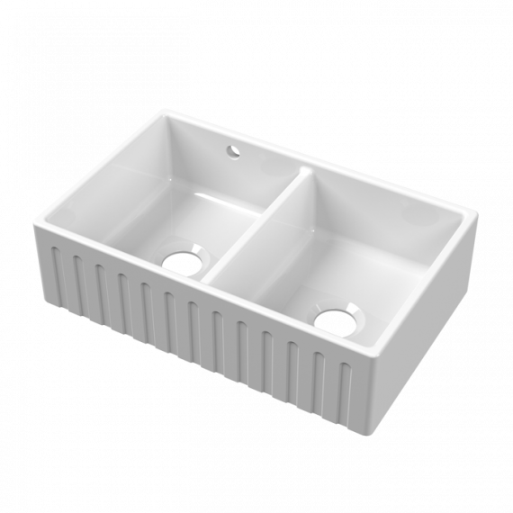 Nuie Fireclay Double Bowl Butler Deco Stepped Weir Kitchen Sink With Overflow White 795mm BUF111AS32D