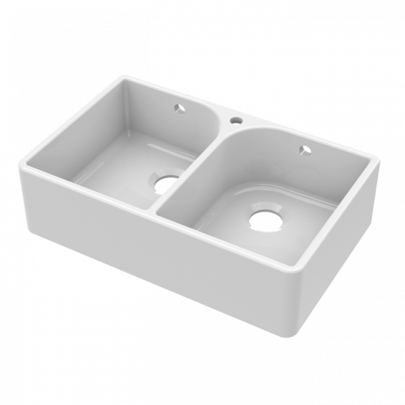 Nuie Fireclay Double Bowl Butler Full Weir Kitchen Sink With Overflow And Tap Hole White 795mm BU131AF32D