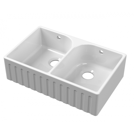Nuie Fireclay Double Bowl Butler Deco Full Weir Kitchen Sink With Overflow White 795mm BUF121AF32D