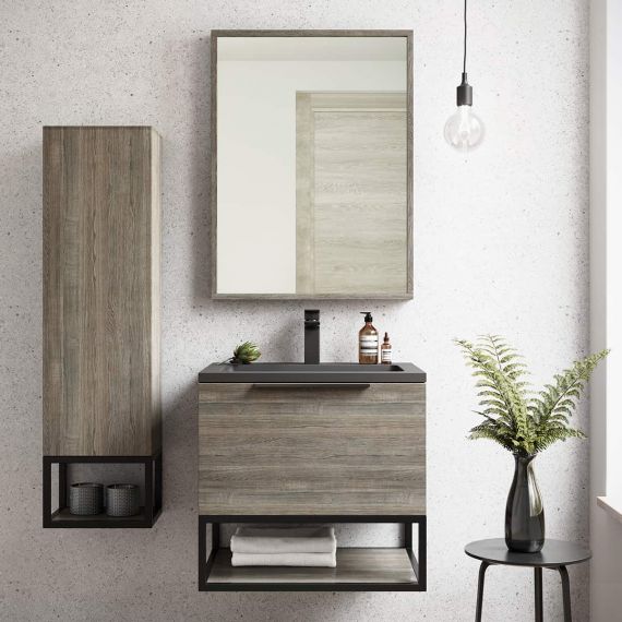 Scudo Ambience 600 Grey Oak Wall Hung LED Cabinet With Grey Basin