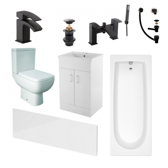 Status Series 600 Black Complete Bathroom Suite Package With 1700mm Bath And 500mm Vanity Unit