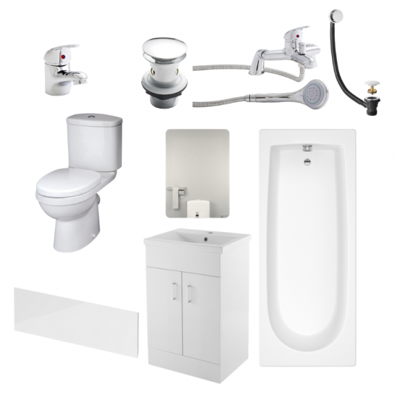Nomad Ivo Complete Bathroom Suite Package With 1600mm Bath and 500mm Vanity Unit With Mirror
