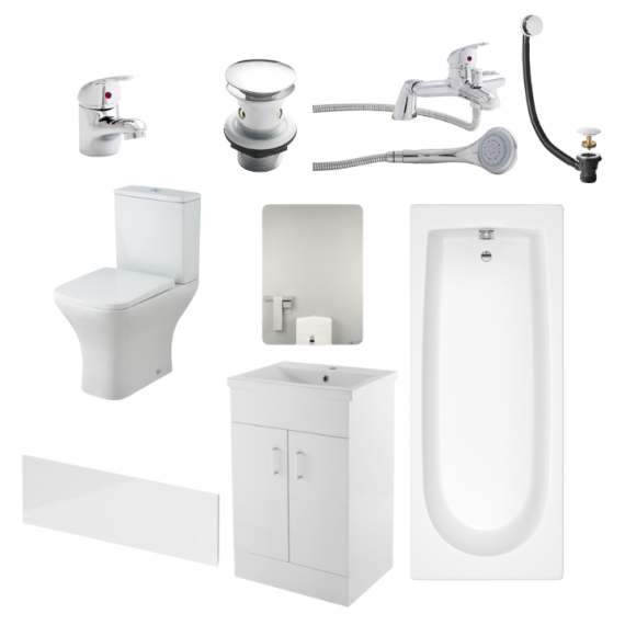 Nomad Square Complete Bathroom Suite Package With 1700mm Bath And 600mm Vanity Unit With Mirror