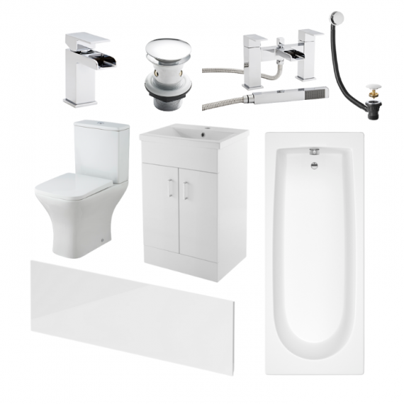 Phase Square Complete Bathroom Suite Package with 1700mm Bath and 500mm Vanity Unit