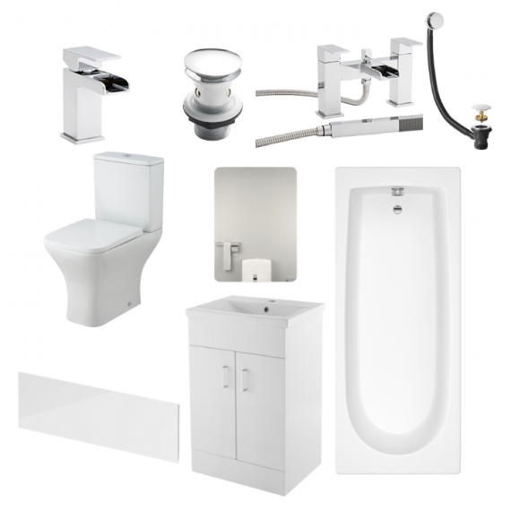 Phase Square Complete Bathroom Suite Package With 1600mm Bath And 600mm Vanity Unit With Mirror