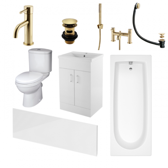 Status Ivo Brushed Brass Complete Bathroom Suite With 1600mm Bath And 600mm Vanity Unit