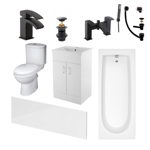 Status Ivo Black Complete Bathroom Suite Package With 1600mm Bath And 500mm Vanity Unit