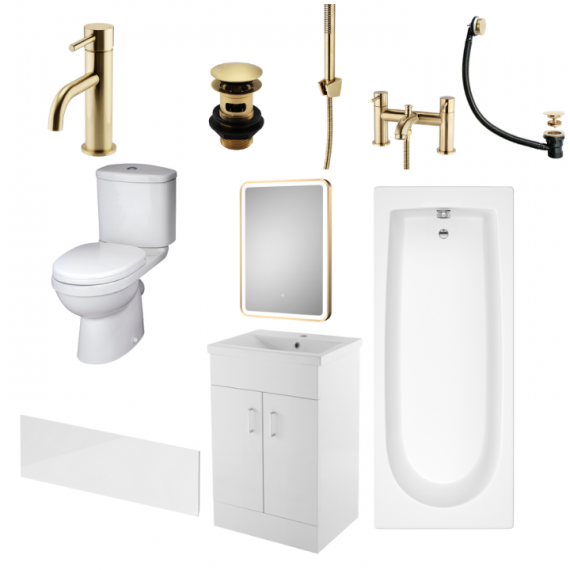 Status Ivo Brushed Brass Complete Bathroom Suite Package With 1700mm Bath And 600mm Vanity Unit With Mirror