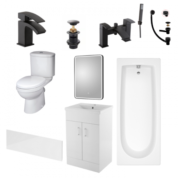 Status Ivo Black Complete Bathroom Suite Package With 1500mm Bath And 500mm Vanity Unit With Mirror