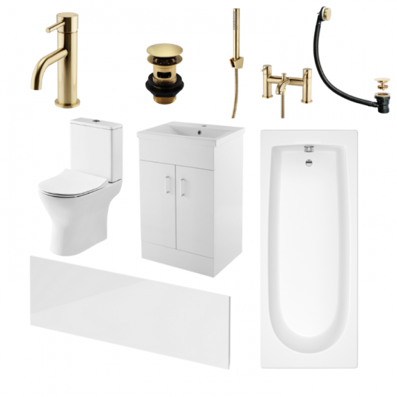 Status Round Brushed Brass Complete Bathroom Suite Package With 1700mm Bath And 500mm Vanity Unit