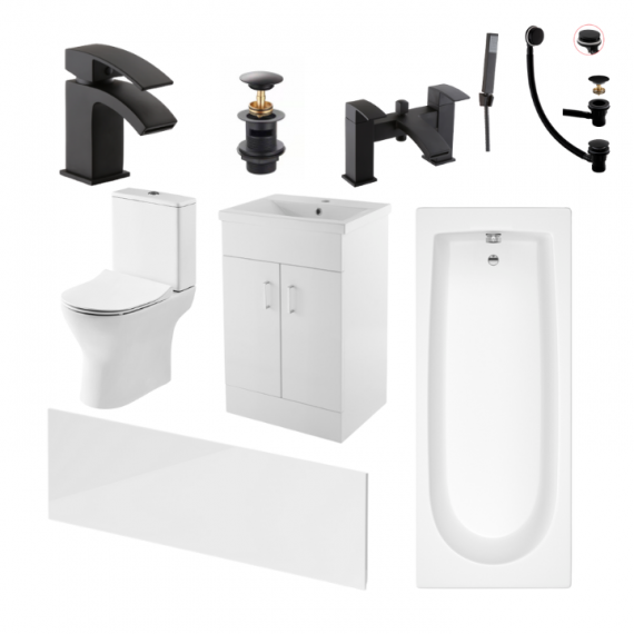 Status Round Black Complete Bathroom Suite Package With 1700mm Bath And 500mm Vanity Unit