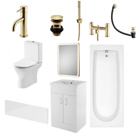 Status Round Brushed Brass Complete Bathroom Suite Package With 1700mm Bath And 500mm Vanity Unit With Mirror