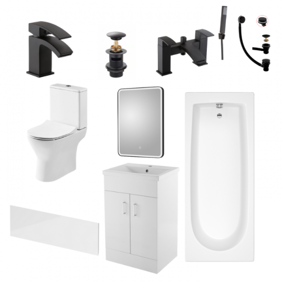 Status Round Black Complete Bathroom Suite Package With 1400mm Bath And 600mm Vanity Unit With Mirror