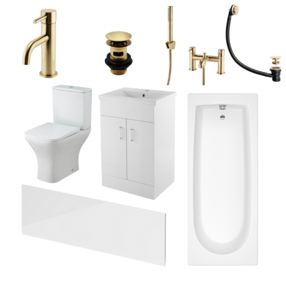 Status Square Brushed Brass Complete Bathroom Suite Package With 1700mm Bath And 500mm Vanity Unit