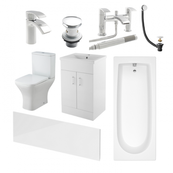 Status Square Complete Bathroom Suite Package with 1500mm Bath and 500mm Vanity Unit