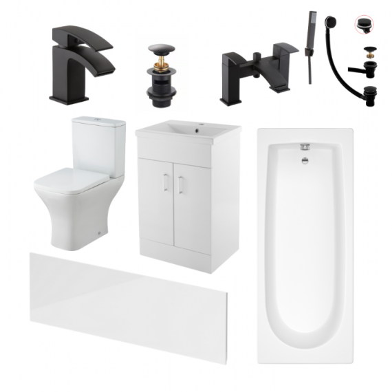 Status Square Black Complete Bathroom Suite Package With 1700mm Bath And 500mm Vanity Unit
