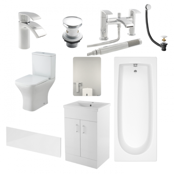 Status Square Complete Bathroom Suite Package with 1400mm Bath and 600mm Vanity Unit With Mirror