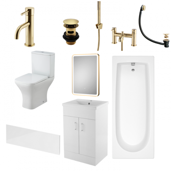 Status Square Brushed Brass Complete Bathroom Suite Package With 1700mm Bath And 500mm Vanity Unit With Mirror