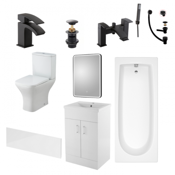 Status Square Black Complete Bathroom Suite Package With 1700mm Bath And 500mm Vanity Unit With Mirror