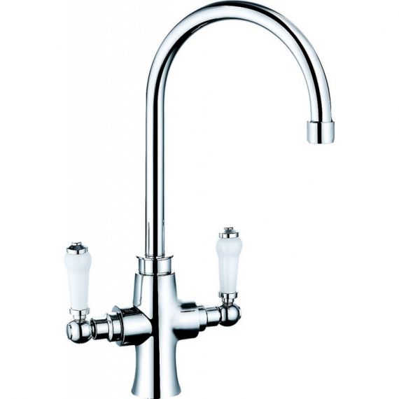 Tendy Traditional Twin Lever Kitchen Mixer Tap With White Ceramic Levers